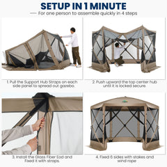 HOTEEL 12x12ft Pop-up Gazebo EZ Set-up Camping Canopy Tent with 6 Sides Mosquito Netting, Waterproof, UV Resistant, Portable Screen House Room, Outdoor Party Tent with Carry bag, Ground Spike, Khaki