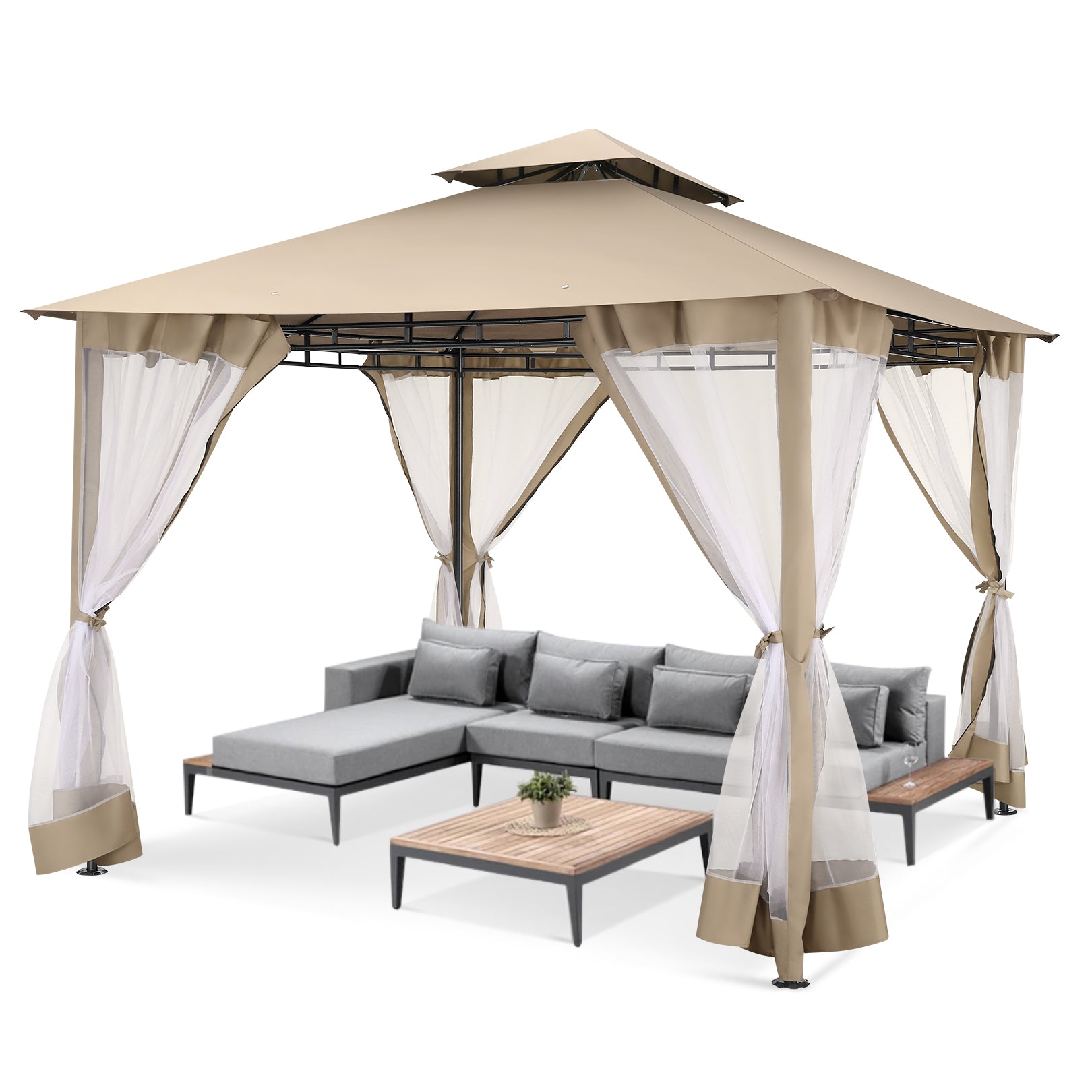 COBIZI 10'x10' Patios Gazebos with 4 Netting Sidewalls & Double Soft Roof, Khaki SPC41
