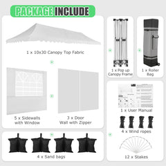 HOTEEL 10x30 Pop Up Canopy Tent with 8 Sidewalls,Heavy Duty Wedding Event Tents,Party Gazebo with Roller Bag,UPF 50+ Windproof Waterproof