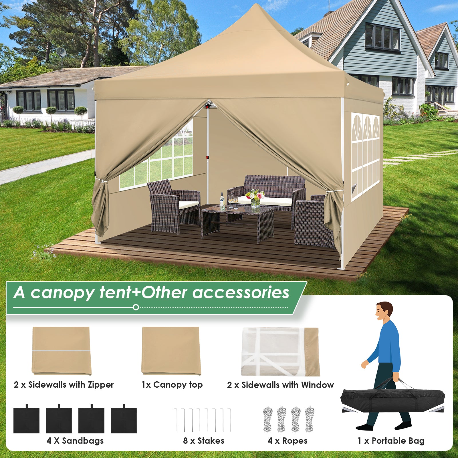 Hoteel 10x10 Pop up Canopy Tent Commercial Instant Canopy with 4 Sidewalls & Sandbags, UPF 50+ All Season Portable Tent for Parties Beach Camping Party Event Shelter Sun Shade