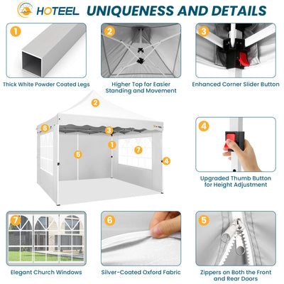 HOTEEL 10'x10' Pop Up Canopy , UPF 50+ Easy Setup Canopy Tent Waterproof Outdoor Instant Portable Shelter with 4 Removable Sidewalls, Sandbags, Stakes & Ropes for Party, Events, Vendor, White