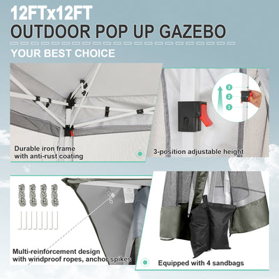 HOTEEL 12'x12' HOME Outdoor Pop-up Patio Gazebo with Expansion Bolts, Heavy Duty Party Tent & Shelter with Double Roofs, Mosquito Nettings and Privacy Screens for Backyard, Garden, Lawn, Gray