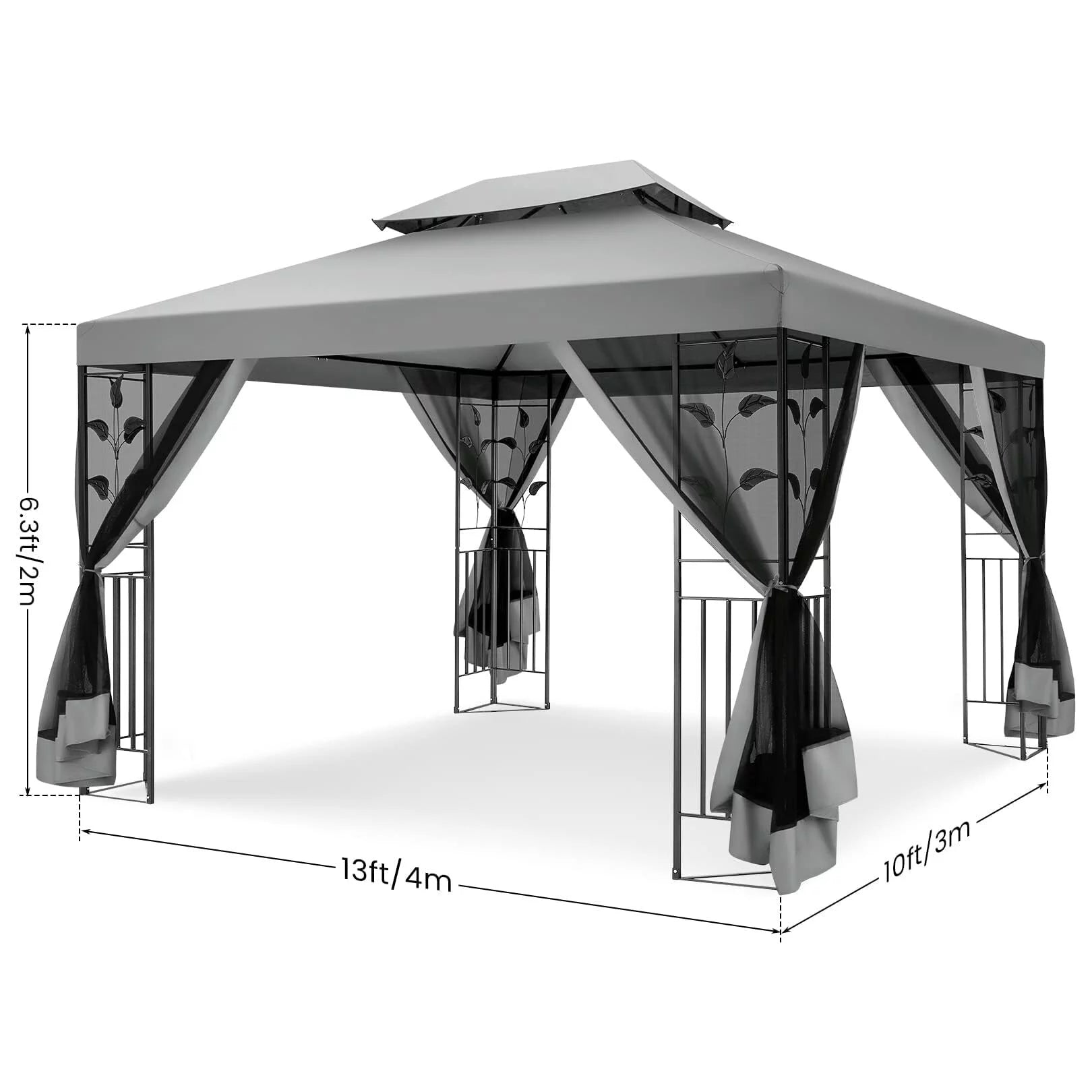COBIZI 10' x 13' Pop Up Gazebo, Outdoor Steel Double Roof Canopy, Metal Frame Pavilion with Mosquito Netting, Sunshade for Garden, Patio, Lawns, Gray