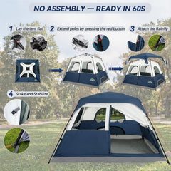 6-8 Person Camping Tent, Easy Setup Waterproof Windproof Backpacking Tent with Removable Rainfly, Lightweight Portable Outdoor Family Tents for Camping, Travel, Fishing, Hiking