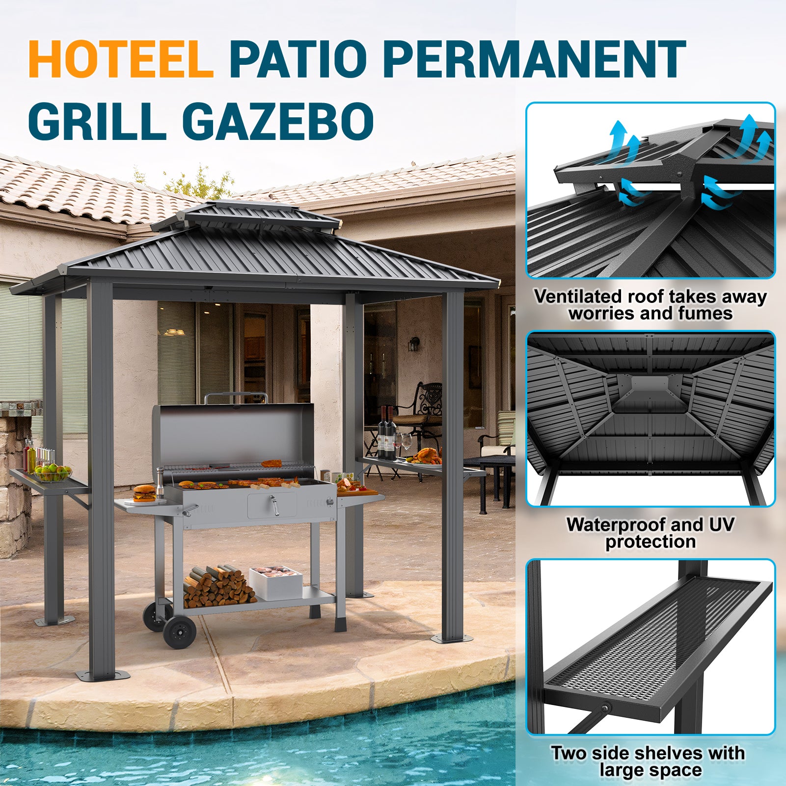 COBIZI 10'x12' Hard Top Grill Gazebo with 2 Side Shelves SPC224