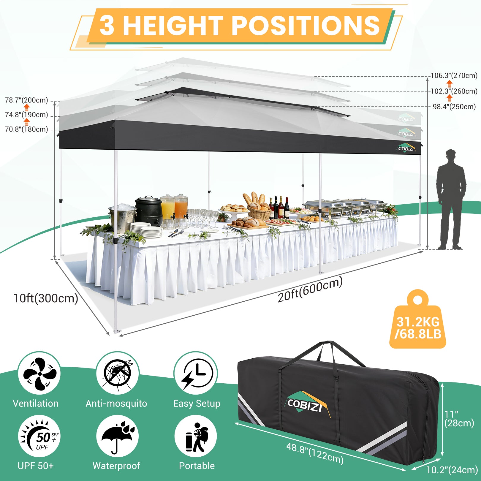 HOTEEL 10x20 Gazebo Canopy Tent with 6 Netting Sidewalls,Pop up Canopy for Parties Wedding,Commercial Easy up Gazebo with Sandbags,UV 50+
