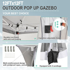 COBIZI 12'x12' Gazebo Tent Outdoor Pop up Gazebo Canopy Shelter with Mosquito Netting, Gray