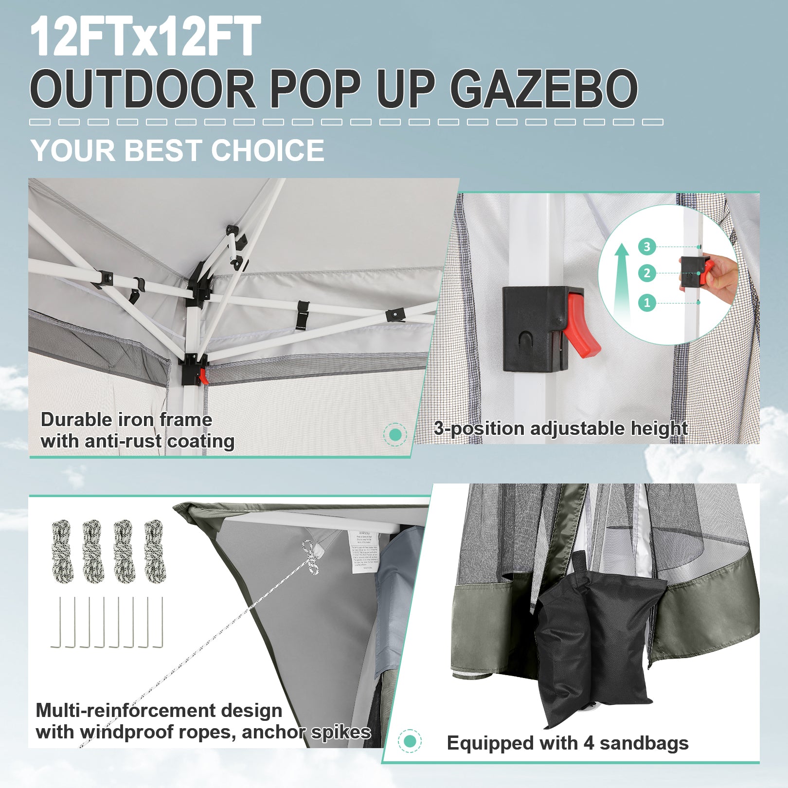 HOTEEL 12'x12' Pop Up Gazebo Patio Outdoor Canopy Tent with 8 Mosquito Nettings, Adjustable Height and 144 Square ft of Shade for Garden, Party, Backyard with Vented Top, Gray