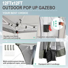 HOTEEL 12'x12' Pop Up Gazebo Patio Outdoor Canopy Tent with 8 Mosquito Nettings, Adjustable Height and 144 Square ft of Shade for Garden, Party, Backyard with Vented Top, Gray