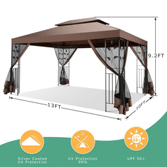 COBIZI 10x13 Outdoor Gazebo, Garden Tent for Patio Canopy with Leaf Screen Steel Frame and Mosquito Netting, Double Roof Canopy Tent for Deck, Backyard, Garden and Lawns, Khaki