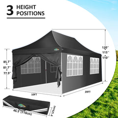 COBIZI 10'x20' Pop up Canopy Tent with 6 Removable Sidewalls, Instant Outdoor Canopy Shelter with Upgrade Raised Roof and Carry Bag