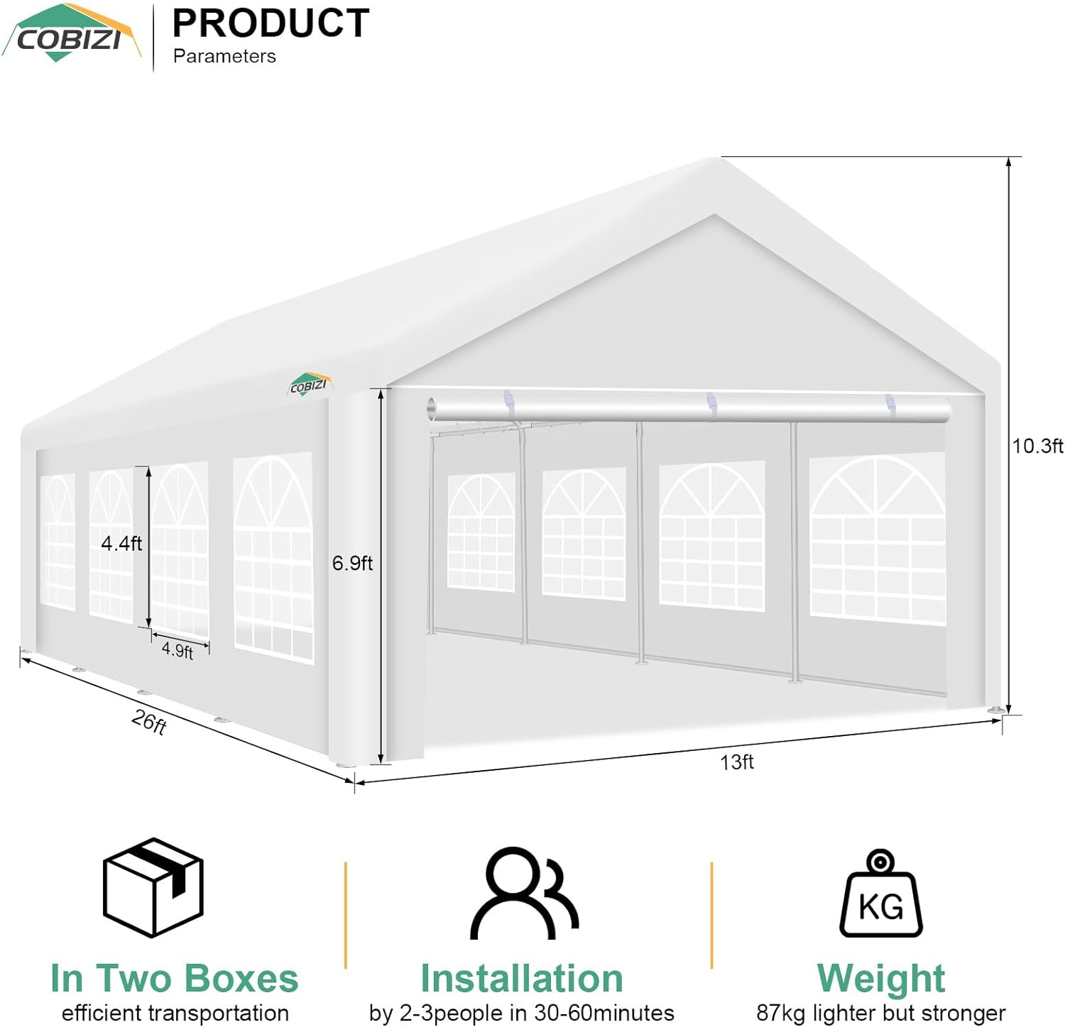 COBIZI 13x26ft Party Tent, Heavy Duty Wedding Tent with Removable Sidewalls, Large Outdoor Event Tent, White Event Shelter, Commercial Canopy Tent with Built-in Sandbags, UV 50+, Waterproof, White