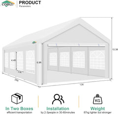COBIZI 13x26ft Party Tent, Heavy Duty Wedding Tent with Removable Sidewalls, Large Outdoor Event Tent, White Event Shelter, Commercial Canopy Tent with Built-in Sandbags, UV 50+, Waterproof, White