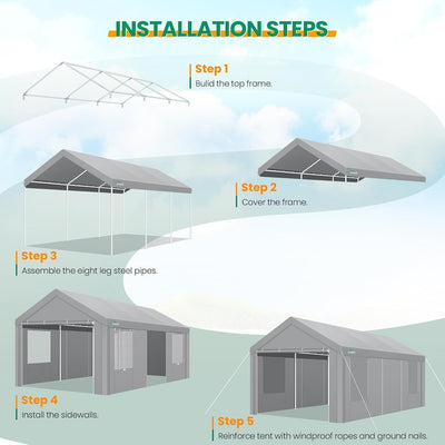 COBIZI 20'x20' Large 2 Cars  Heavy Duty Carport  Canopy, Gray