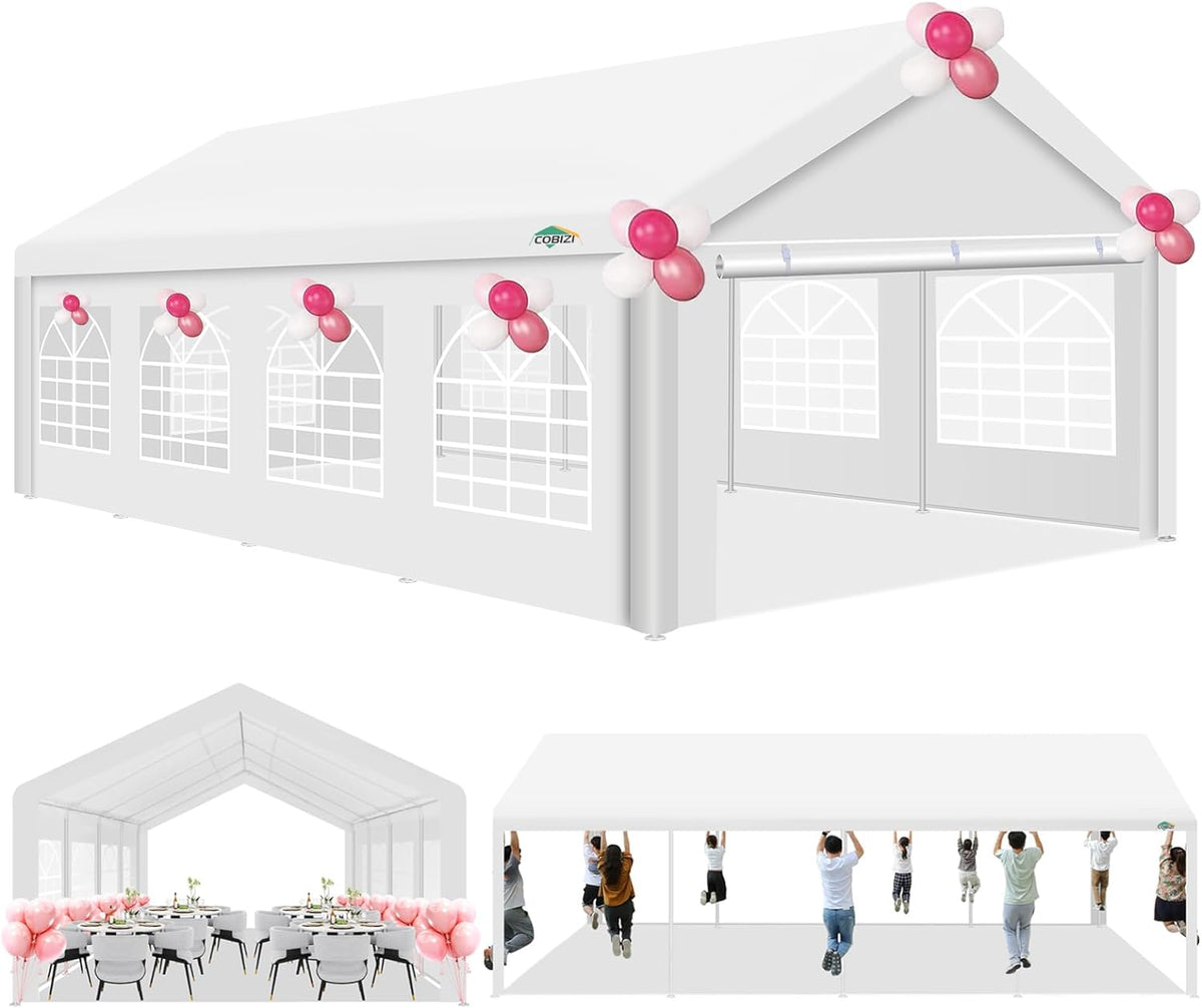 COBIZI 13x26ft Party Tent, Heavy Duty Wedding Tent with Removable Sidewalls, Large Outdoor Event Tent, White Event Shelter, Commercial Canopy Tent with Built-in Sandbags, UV 50+, Waterproof, White