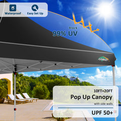 COBIZI 10'x20' Pop up Canopy Tent with 6 Removable Sidewalls, Instant Outdoor Canopy Shelter with Upgrade Raised Roof and Carry Bag