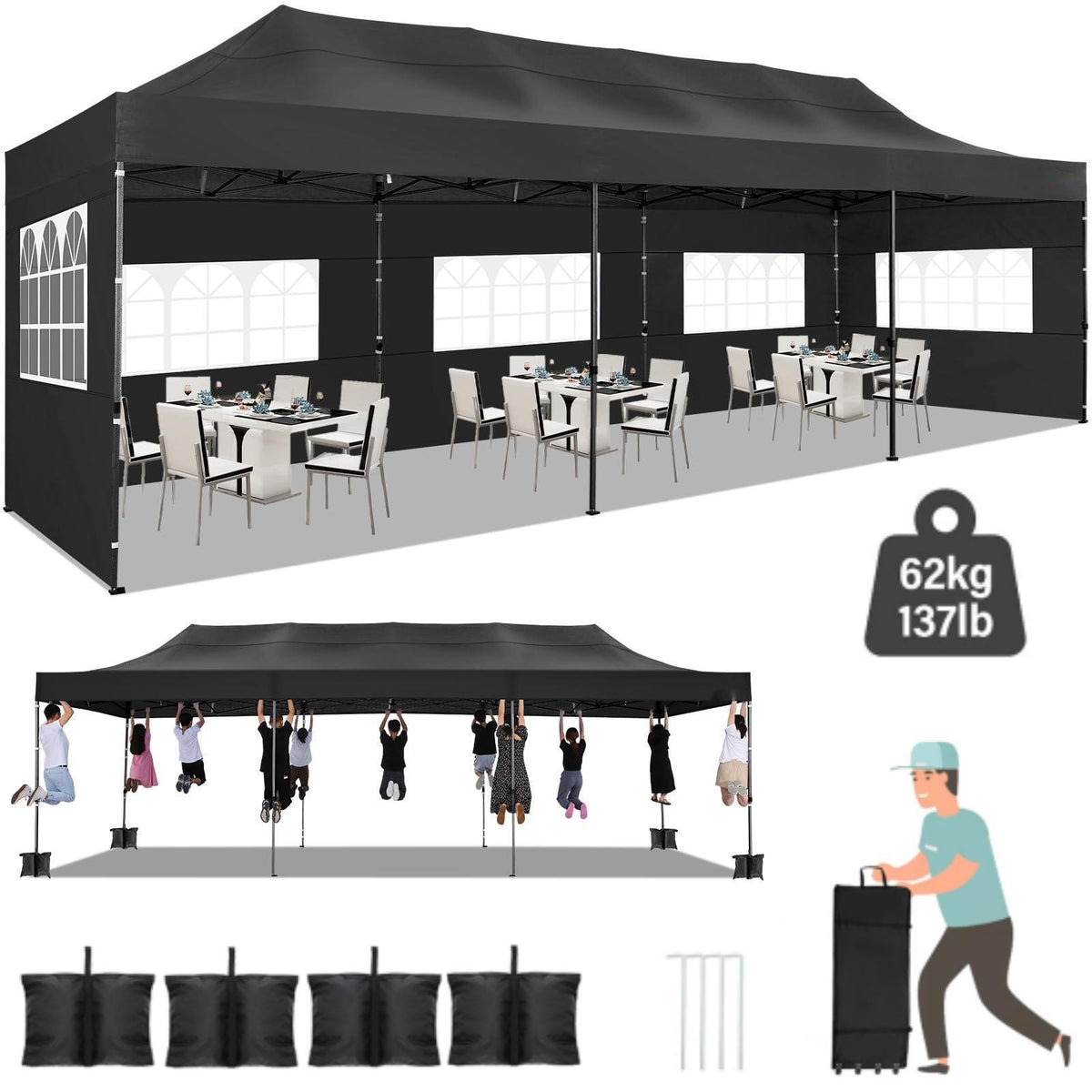 HOTEEL 10'x30' Canopy Heavy Duty Pop Up Canopy Tent Outdoor Gazebo Shelter Waterproof Instant Commercial Tent with 8 Removable Sidewalls & 8 Sandbags & Roller Bag