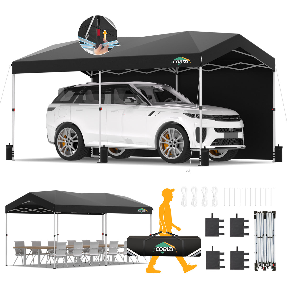 COBIZI 10x20 Pop Up Canopy-Easy Up Carport Canopy with One Push Setup-Outdoor Sun Shade&Waterppof Tent for Parties, Camping, Events-with 2 Sidewalls,Portable Bag,4 Weight Bags,4 Ropes&10 Stakes