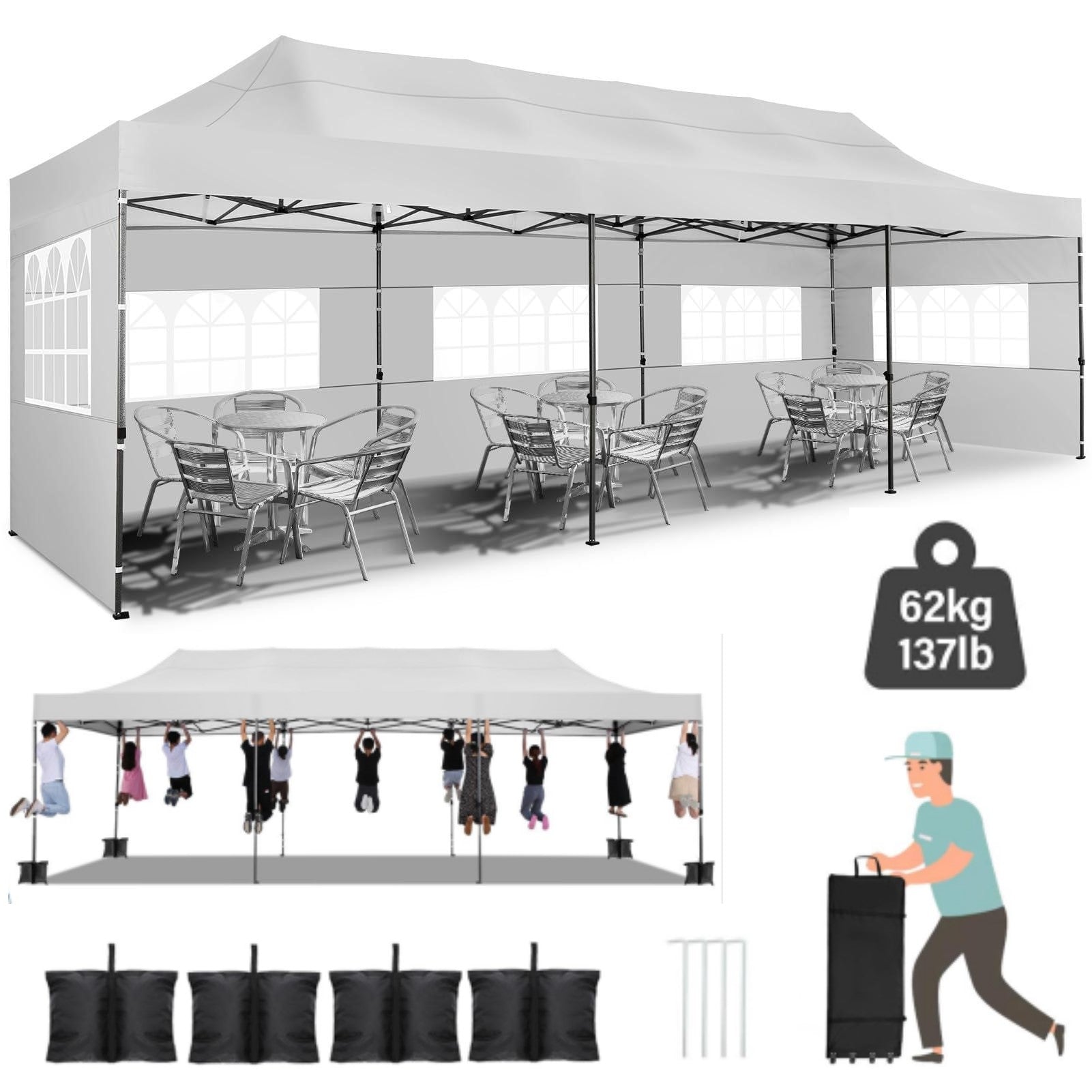 HOTEEL 10'x30' Canopy Heavy Duty Pop Up Canopy Tent Outdoor Gazebo Shelter Waterproof Instant Commercial Tent with 8 Removable Sidewalls & 8 Sandbags & Roller Bag