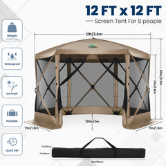 HOTEEL 12x12ft Pop-up Gazebo EZ Set-up Camping Canopy Tent with 6 Sides Mosquito Netting, Waterproof, UV Resistant, Portable Screen House Room, Outdoor Party Tent with Carry bag, Ground Spike, Khaki
