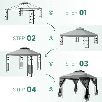 COBIZI 10' x 13' Pop Up Gazebo, Outdoor Steel Double Roof Canopy, Metal Frame Pavilion with Mosquito Netting, Sunshade for Garden, Patio, Lawns, Gray