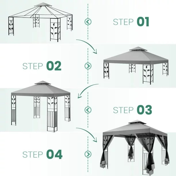 COBIZI 10' x 13' Pop Up Gazebo, Outdoor Steel Double Roof Canopy, Metal Frame Pavilion with Mosquito Netting, Sunshade for Garden, Patio, Lawns, Gray