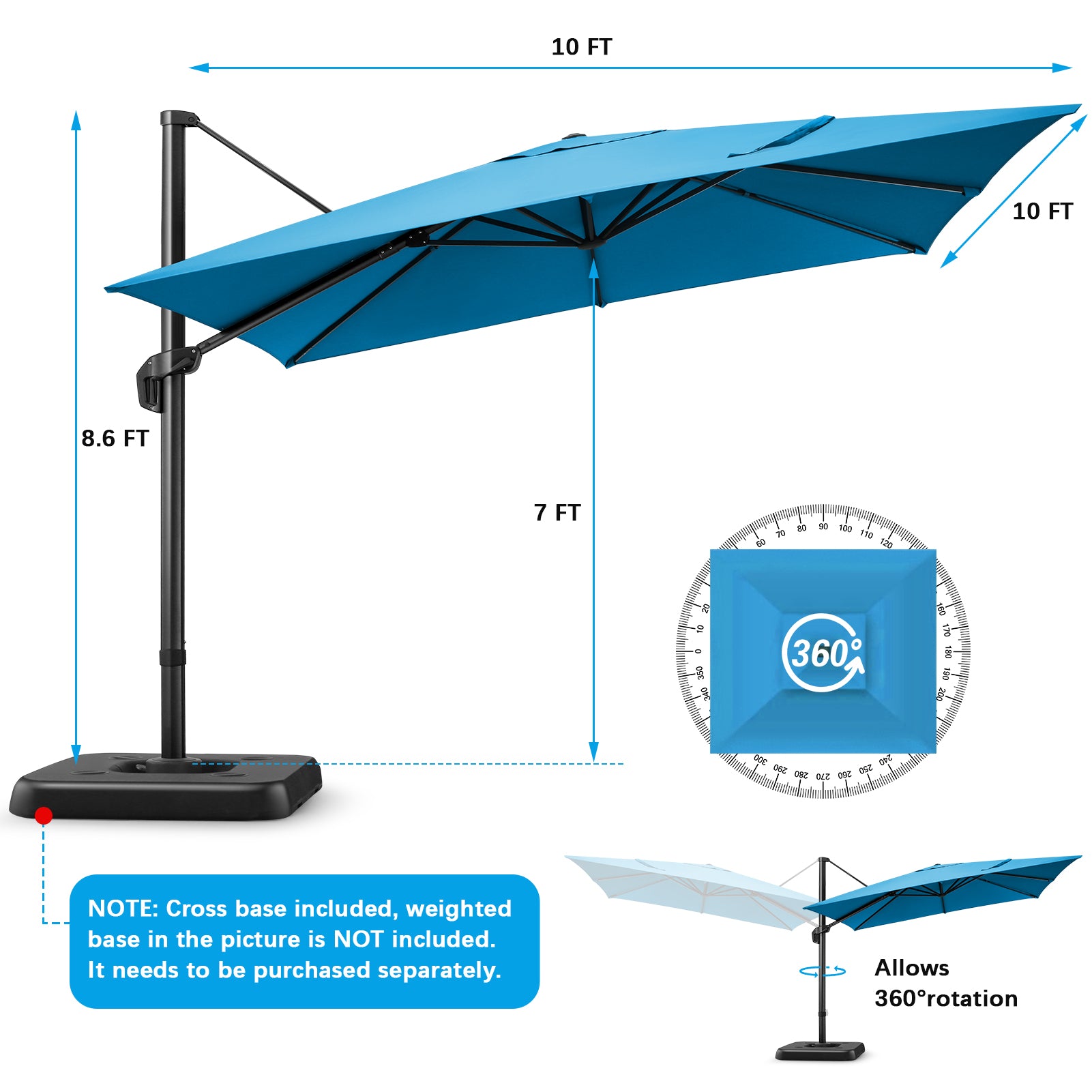 10'x10' Cantilever Umbrella Square Outdoor Patio Umbrella Large Offset Hanging Umbrella Aluminum Umbrella with Base, 360¡ã Rotation, Blue