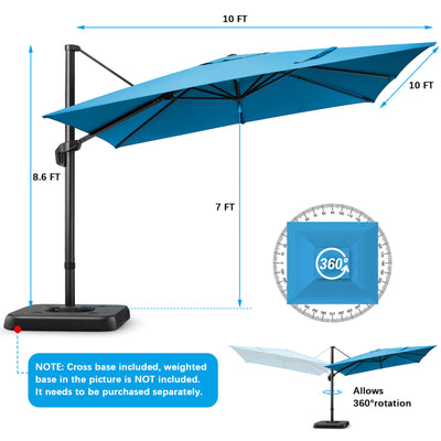 10'x10' Cantilever Umbrella Square Outdoor Patio Umbrella Large Offset Hanging Umbrella Aluminum Umbrella with Base, 360¡ã Rotation, Blue
