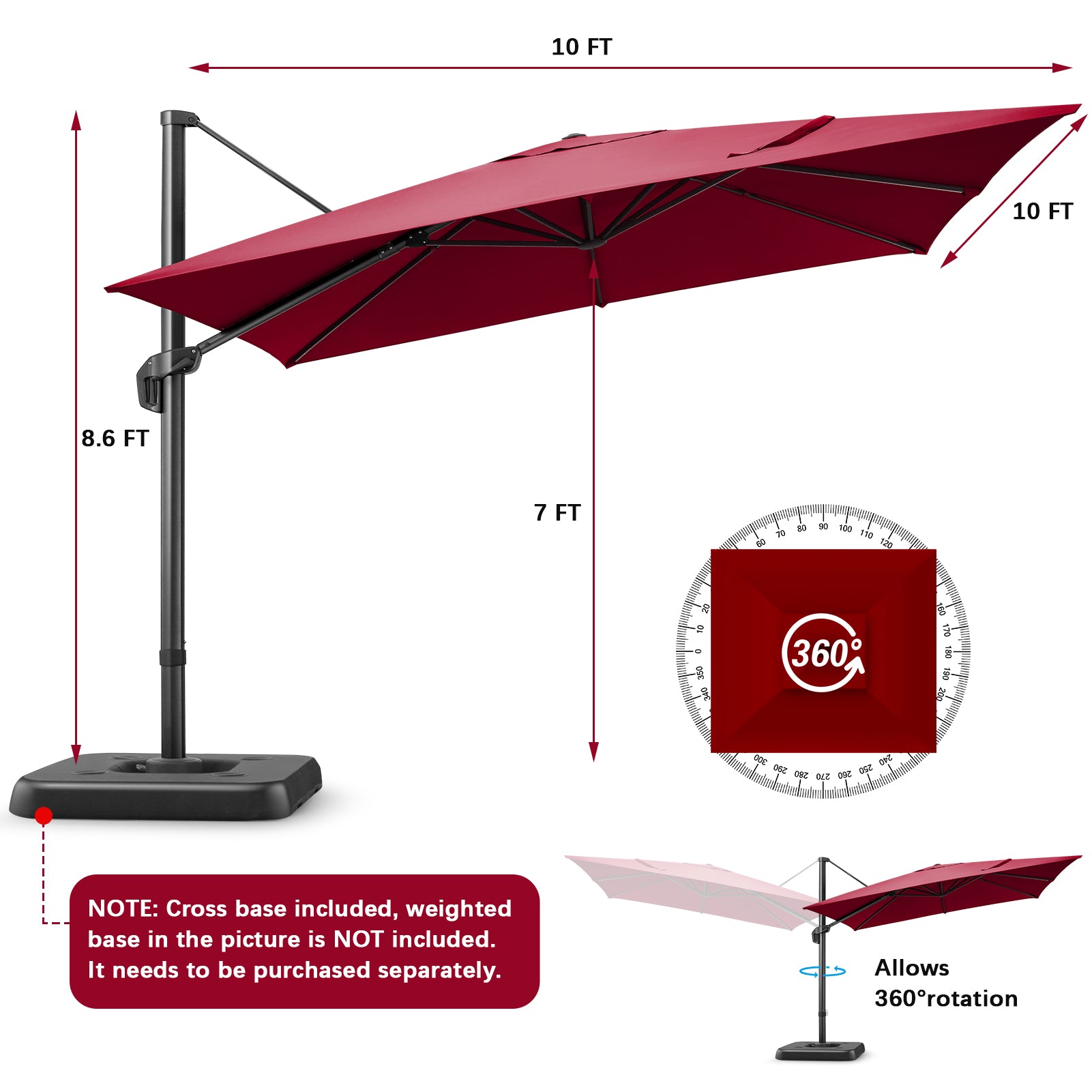 HOTEEL 10 Ft Patio Umbrella Outdoor Cantilever Square Umbrella Aluminum Offset Umbrella with Base, 360¡ã Rotation£¬Burgundy
