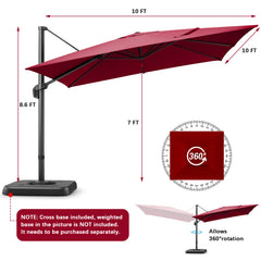 HOTEEL 10 Ft Patio Umbrella Outdoor Cantilever Square Umbrella Aluminum Offset Umbrella with Base, 360° Rotation，Burgundy