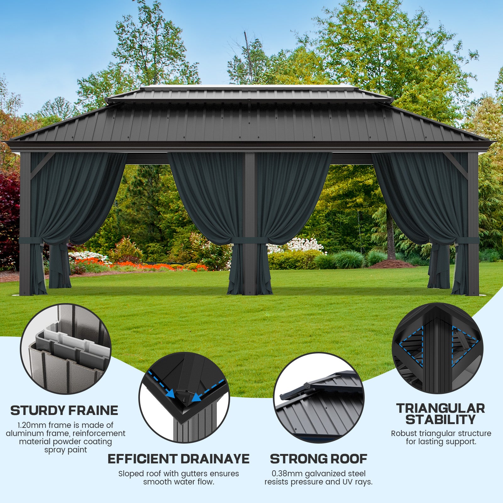 COBIZI 12'x20'  Heavy Duty Double HardTop Gazebo with Privacy Curtains & Netting, SPC91