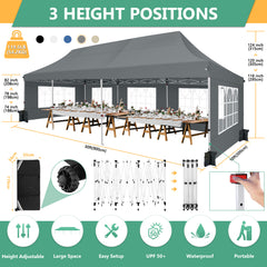 Hoteel 10'x30' Pop up Canopy, Pop up Party Tent with 6 Removable Sidewalls, Outdoor Event Gazebo, Commercial Canopy Tents for Parties Wedding, Gray