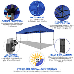 HOTEEL 10x30 Pop Up Canopy, Heavy Duty Canopy UPF 50+ All Season Wind Waterproof Commercial Outdoor Wedding Party Tents Gazebo with Roller Bag, Dark Blue