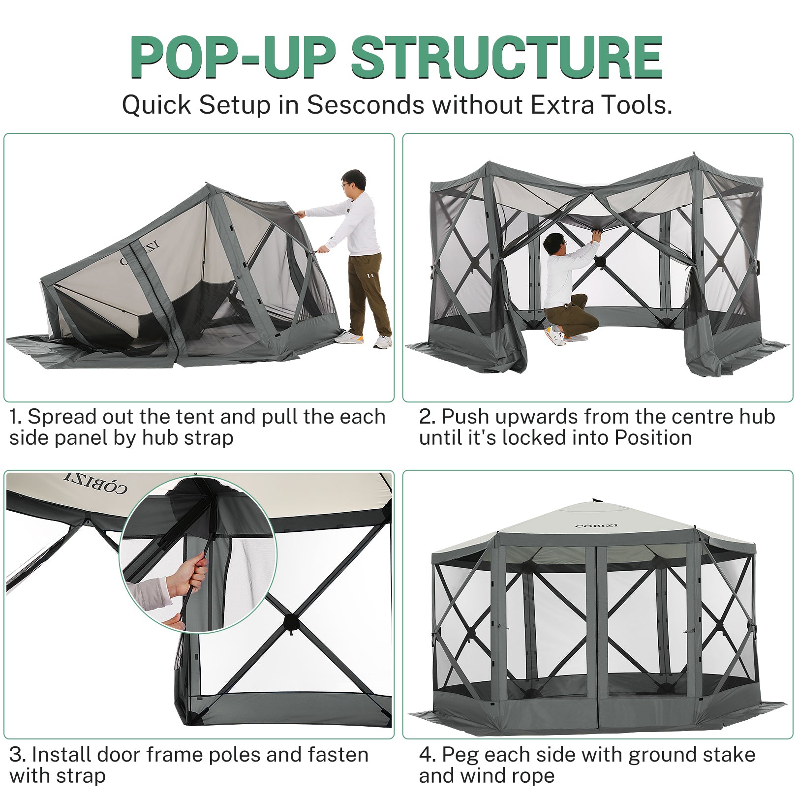 Hoteel 12x12ft Pop-up Gazebo EZ Set-up Camping Canopy Tent with 6 Sides Mosquito Netting, Waterproof, UV Resistant, Portable Screen House Room, Outdoor Party Tent with Carry bag, Ground Spike, Khaki