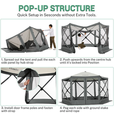 Hoteel 12x12ft Pop-up Gazebo EZ Set-up Camping Canopy Tent with 6 Sides Mosquito Netting, Waterproof, UV Resistant, Portable Screen House Room, Outdoor Party Tent with Carry bag, Ground Spike, Khaki