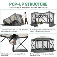 Hoteel 12x12ft Pop-up Gazebo EZ Set-up Camping Canopy Tent with 6 Sides Mosquito Netting, Waterproof, UV Resistant, Portable Screen House Room, Outdoor Party Tent with Carry bag, Ground Spike, Khaki