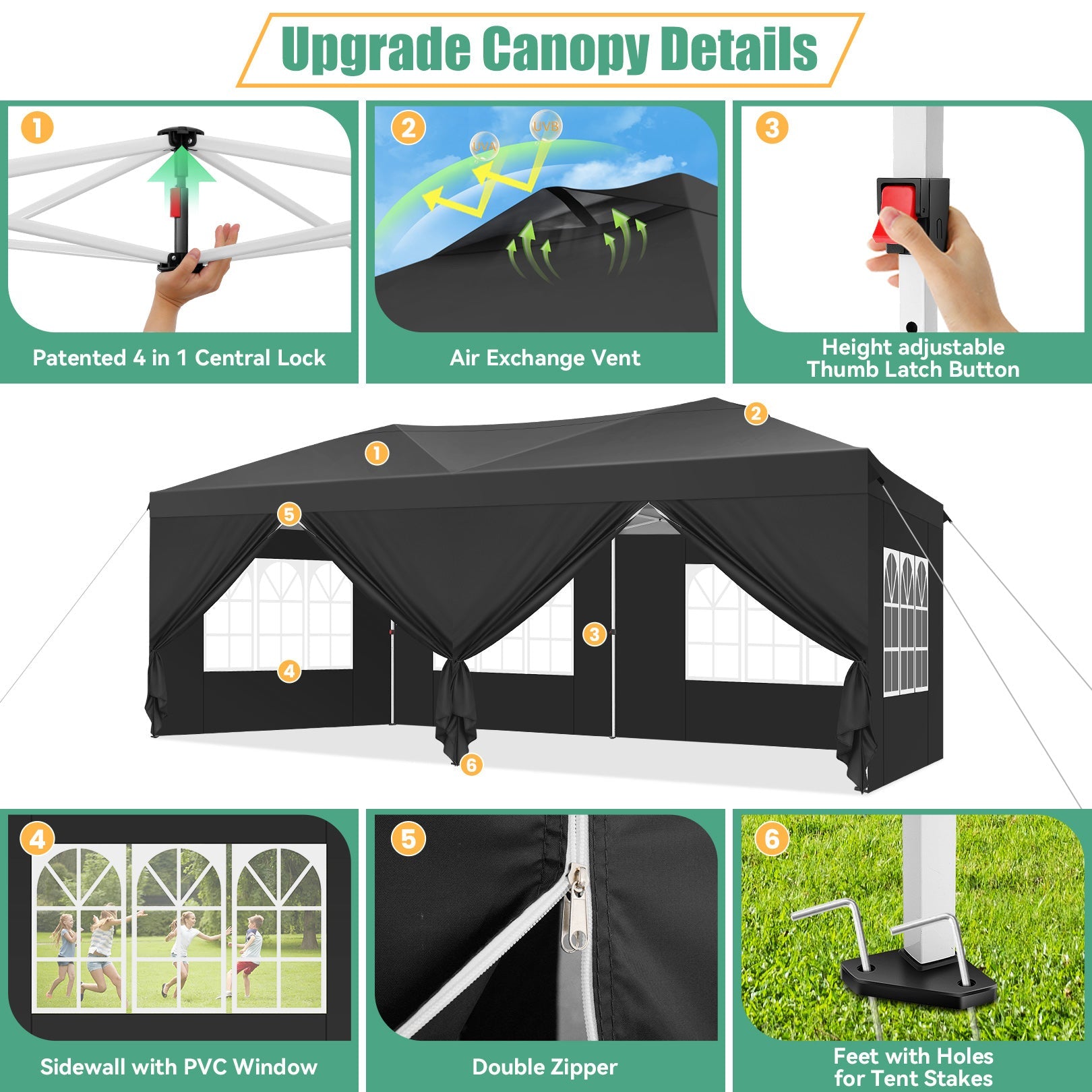 COBIZI 10'x20' pop-up patio umbrella with side walls, waterproof canopy tent with reinforced poles, easy to set up, includes sandbags SPC000241