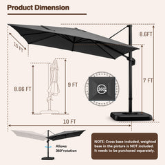 HOTEEL 10 Ft Patio Umbrella Outdoor Cantilever Umbrella Aluminum Offset Umbrella with Base, 360° Rotation，Gray