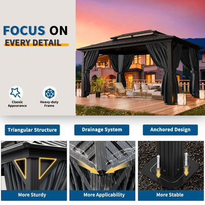 COBIZI 10'x12'  Heavy Duty Hard Top Gazebo with Curtains & Netting, Black SPC277