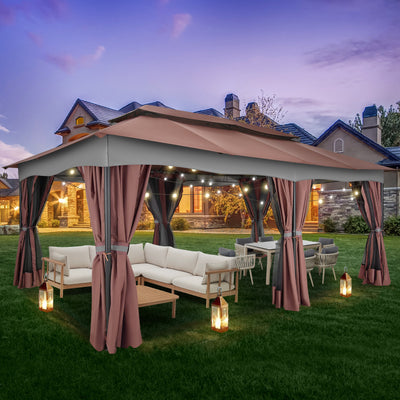Hoteel 12'x20' Heavy Duty Canopy Gazebo, Home Outdoor Waterproof Large Party Tent & Shelter with Double Roofs, Mosquito Nettings and Privacy Screens for Backyard, Garden, Lawn, Smoke, Brown