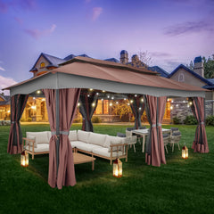 Hoteel 12'x20' Heavy Duty Canopy Gazebo, Home Outdoor Waterproof Large Party Tent & Shelter with Double Roofs, Mosquito Nettings and Privacy Screens for Backyard, Garden, Lawn, Smoke, Brown