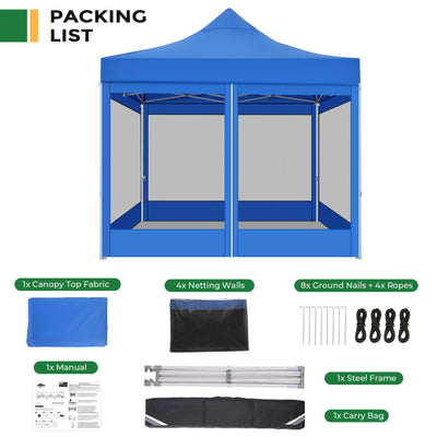 COBIZI 10'x10' Heavy Duty Canopy Tent, Pop up Gazebo with Netting Screened ,Waterproof Ez up Canopy with Sidewalls, Outdoor Instant Party Tent for Backyard,Blue