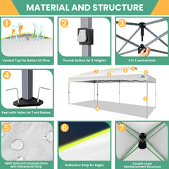 COBIZI 10x20 Pop up Canopy Tent Easy up Canopy for Outside Instant Portable Waterproof Party Canopy Tent for Summer Beach Garden Party Camping Outside with Air Vent,Reflective Strip,4 Sandbags