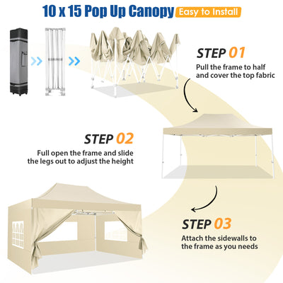 HOTEEL 10x15 Pop Up Canopy Tent Heavy Duty with 4 Sidewalls,Tents for Parties Outdoor Canopy Event Tent Wedding with Roller Bag,UV 50+ & Upgraded No Water Accumulation,Thick Hexagonal Legs