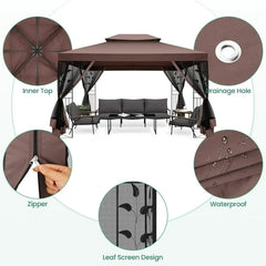 COBIZI 10' x 13' Pop Up Gazebo, Screened Patio Gazebo, Outdoor Steel Double Roof Canopy Tent, Metal Frame Canopy with Mosquito Netting, Sunshade for Garden, Lawns, Brown
