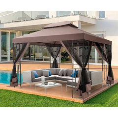 COBIZI 10' x 13' Pop Up Gazebo, Screened Patio Gazebo, Outdoor Steel Double Roof Canopy Tent, Metal Frame Canopy with Mosquito Netting, Sunshade for Garden, Lawns, Brown
