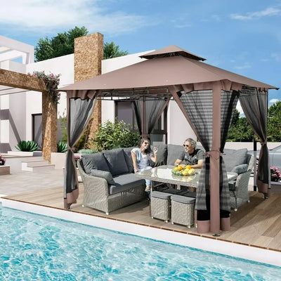 COBIZI 10'x10'Canopy with Mosquito Netting,Shade Tent for Party, Outdoor Activities, Backyard, Patio Lawn & Garden,Brown
