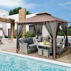 COBIZI 10'x10'Canopy with Mosquito Netting,Shade Tent for Party, Outdoor Activities, Backyard, Patio Lawn & Garden,Brown