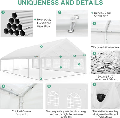 COBIZI 20x40 Party Tent Large Heavy Duty Outdoor Canopy & Carport, Upgraded Commercial Wedding Event Shelter Tent with 8 Removable Sidewalls, Big Tent for Birthday Party, Outdoor Event, Wedding, White