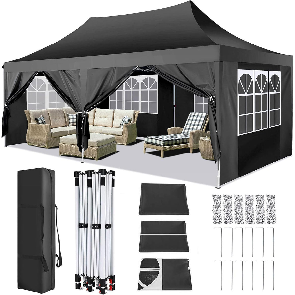 COBIZI 10x20 Canopy Tent with Sidewalls, 3 Adjustable Height Commercial Canopy, Pop Up Party Canopy with 12 Stakes & 6 Ropes,Khaki